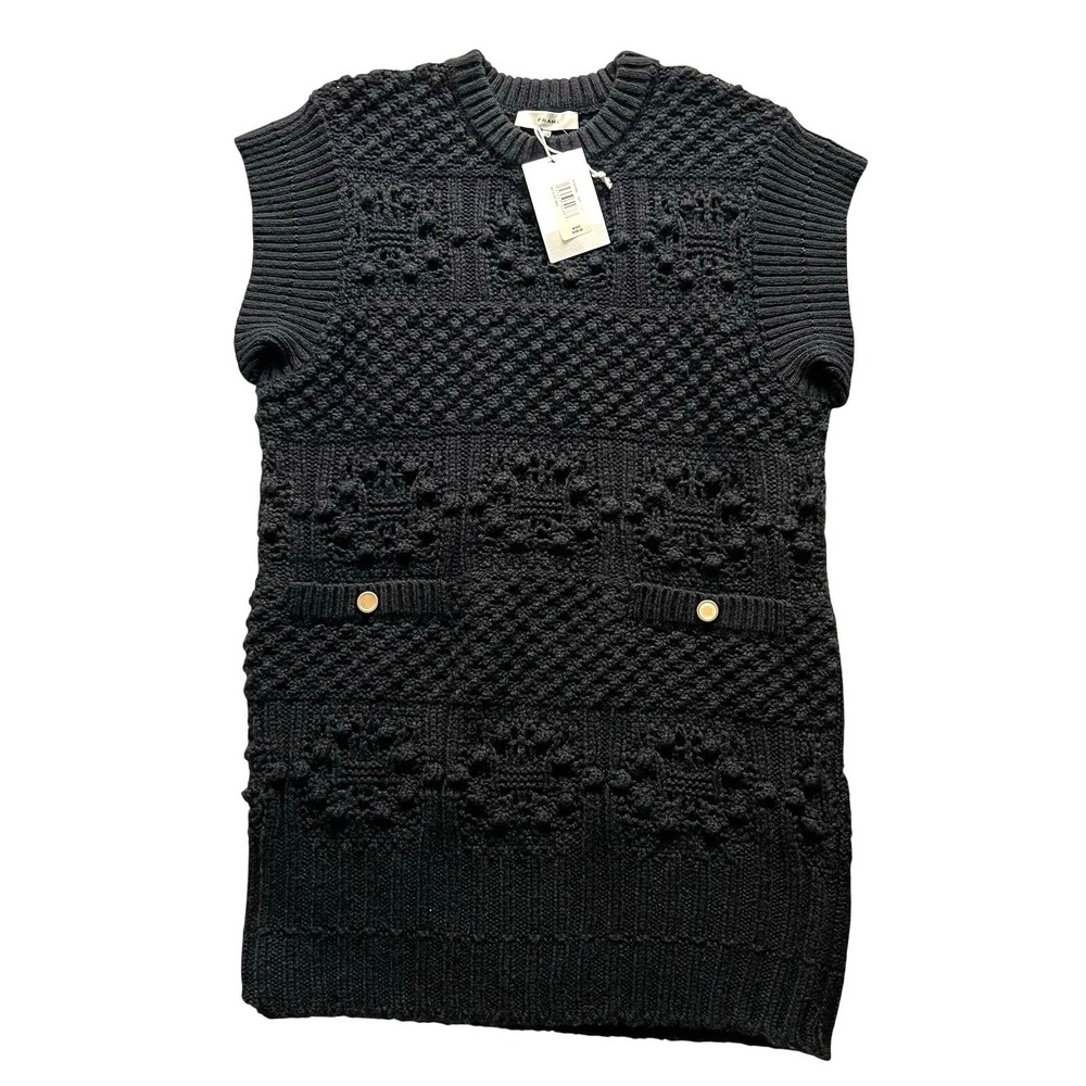 FRAME L Cable Knit Sweater Dress Vest Navy Alpaca Wool Gold Button Pockets NWT